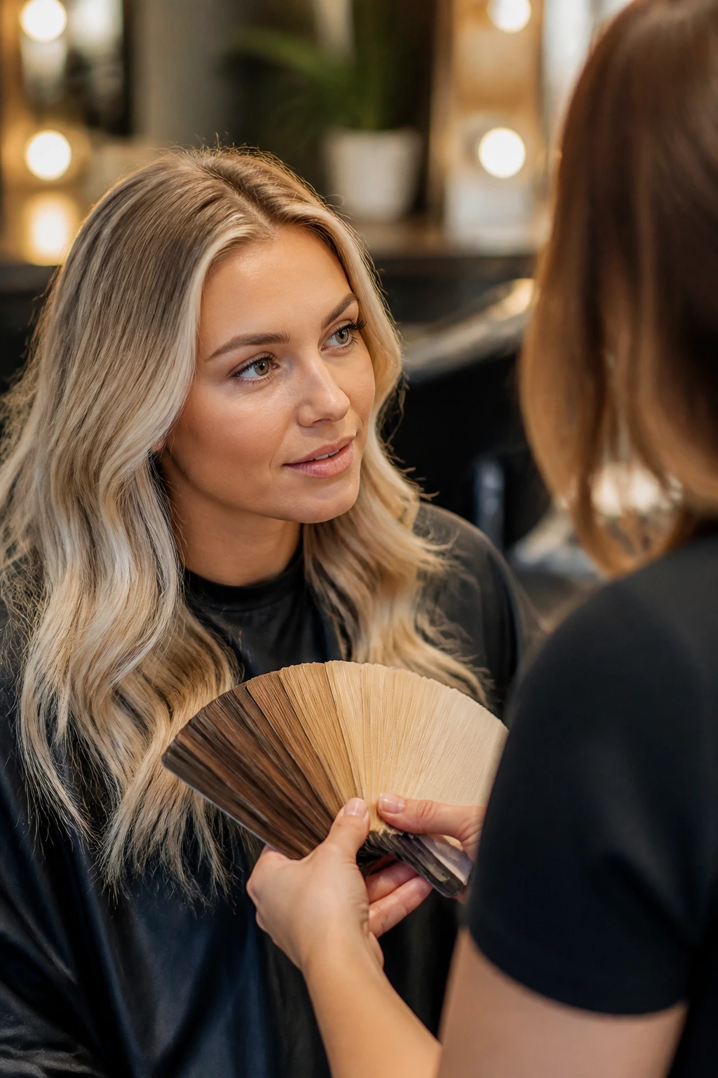 Close-up of a salon consultation between client and stylist about platinum shade choices with warm lighting