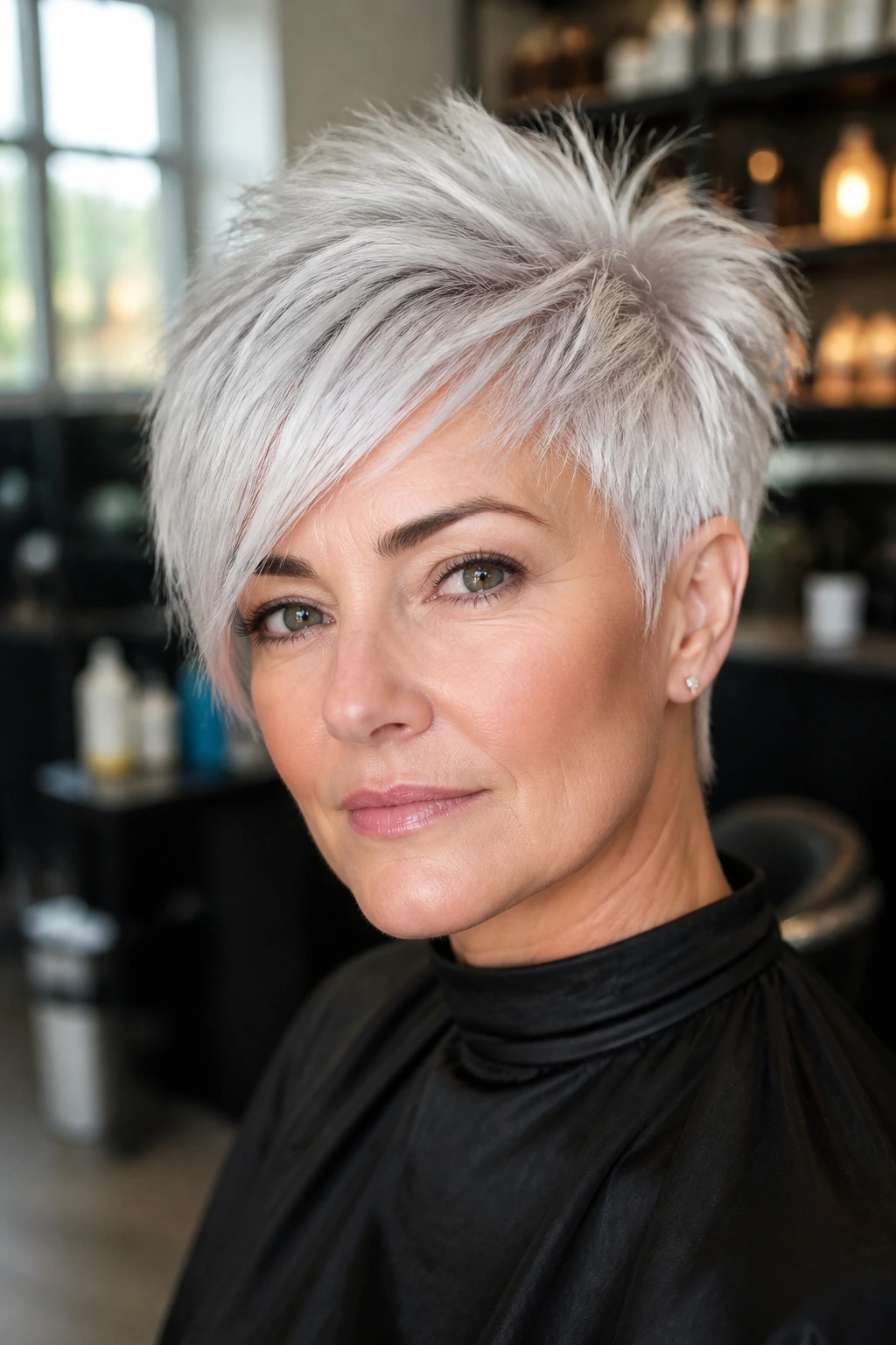 Portrait of a person with icy platinum hair showing diagonal fringe and lifted crown.