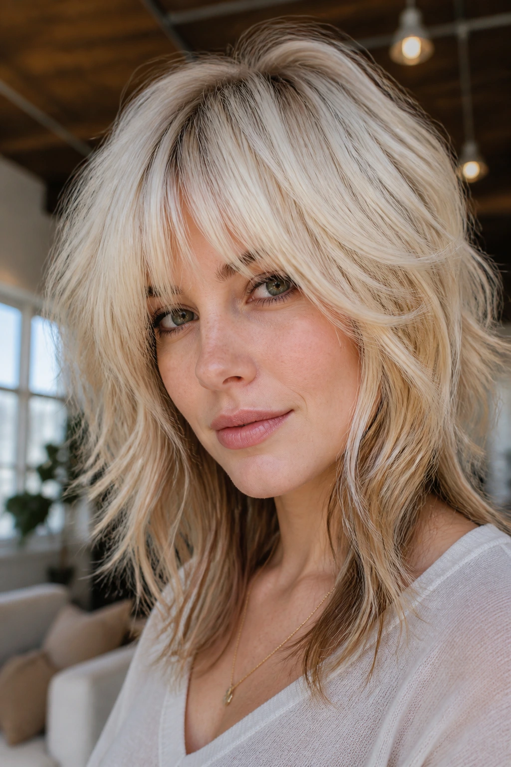 Real woman with caramel-edged platinum shag in textured layers