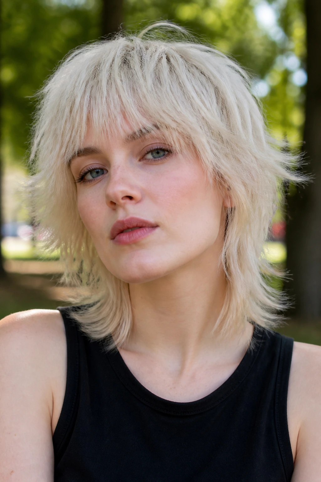Close-up of a real woman with platinum shag and choppy texture, textured layers, outdoor setting