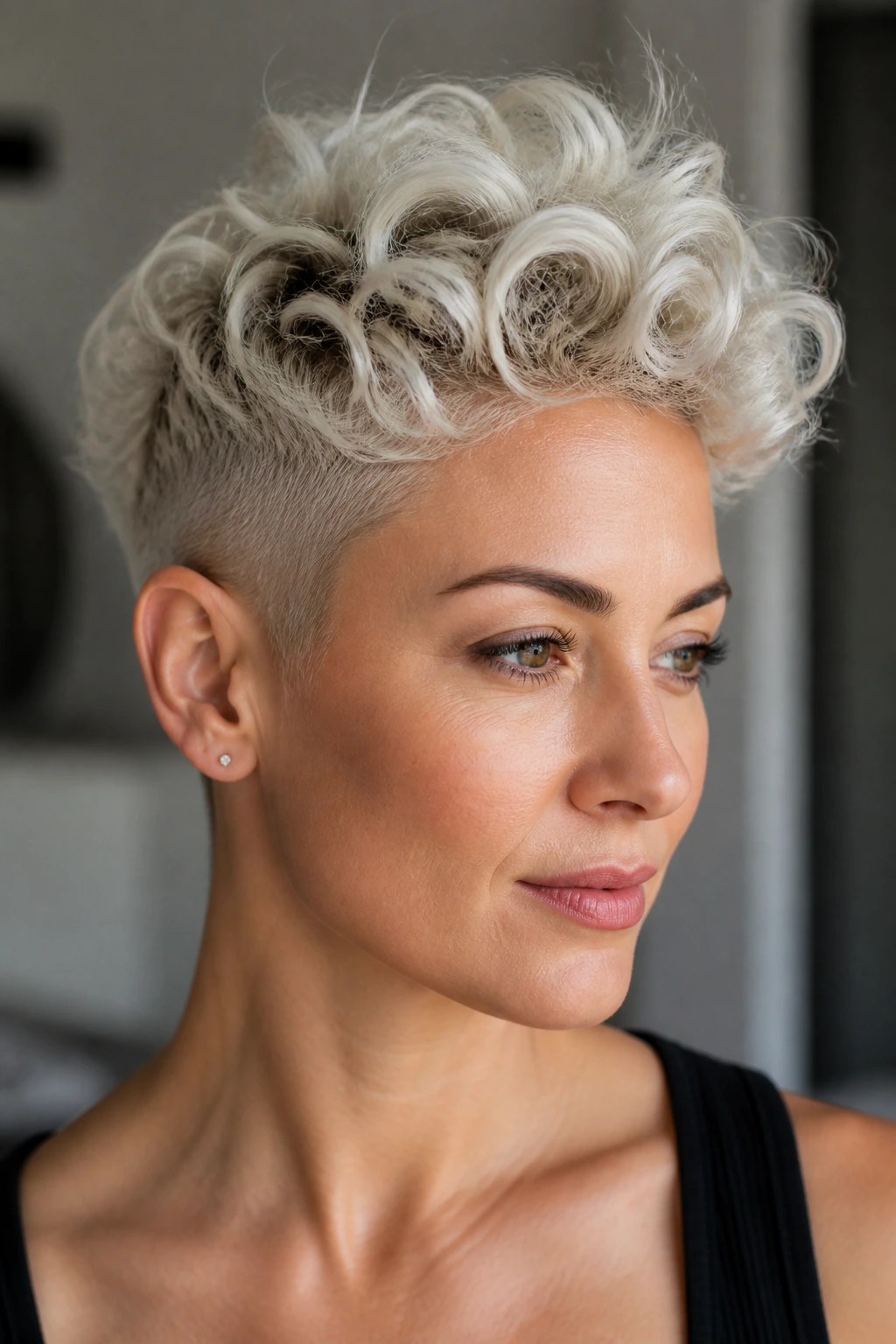 Close-up of a real woman with platinum shaved pixie and loose ringlets