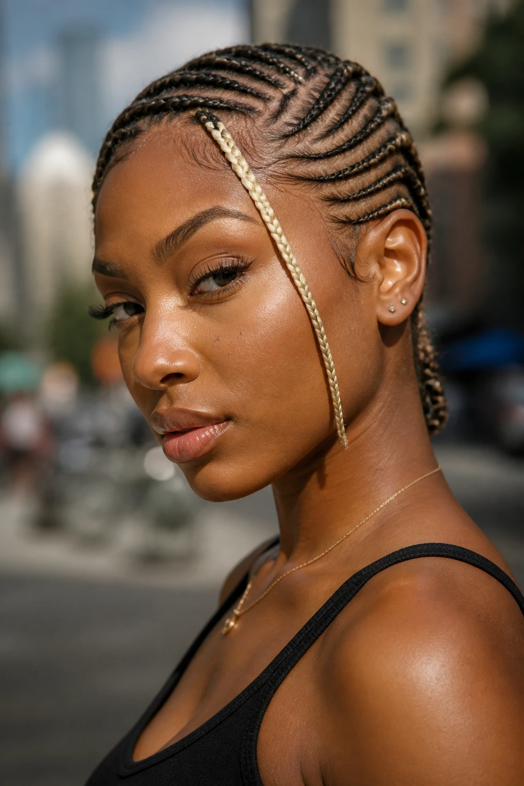 Real person with side-swept cornrows and a platinum front piece
