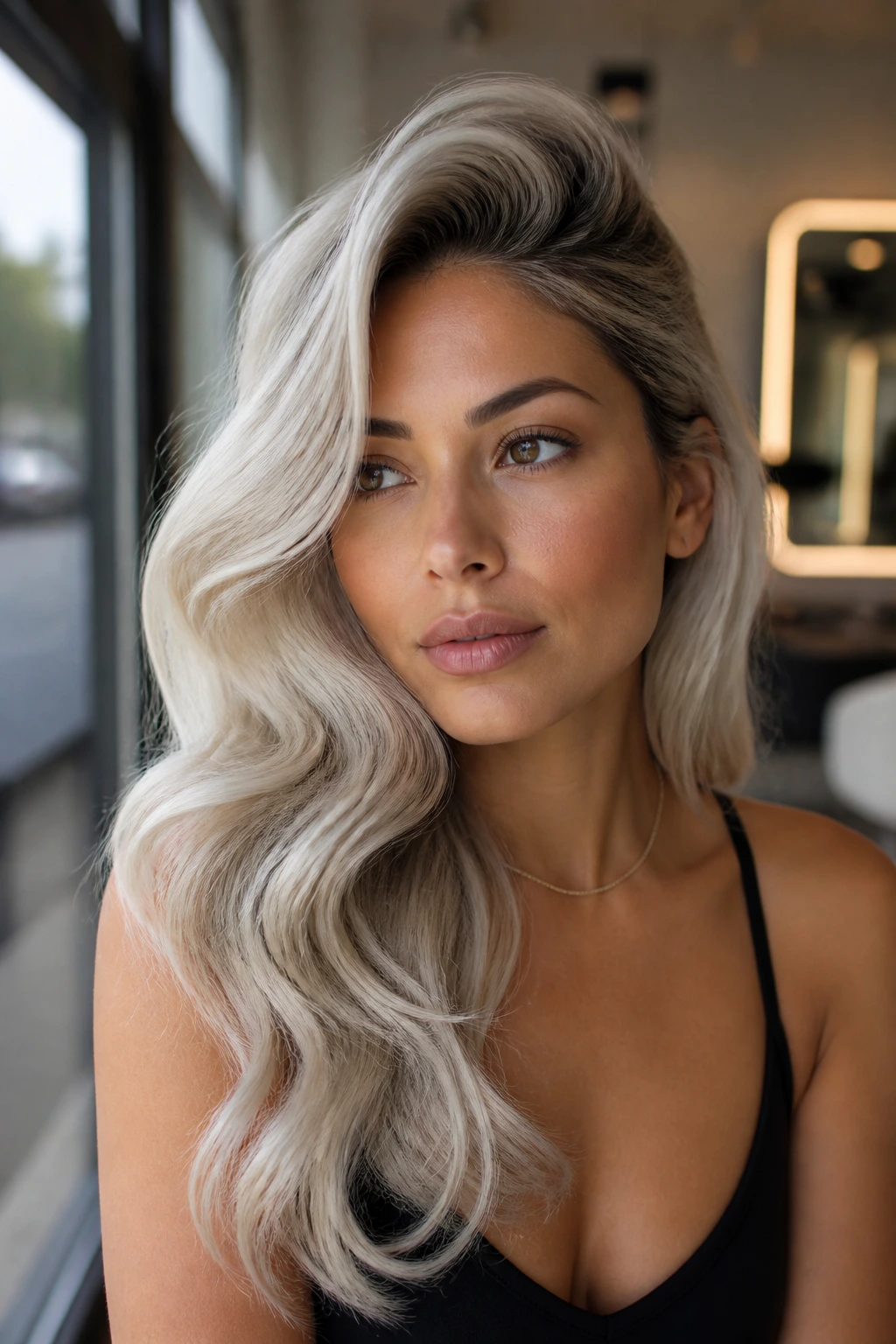 Close-up of olive-skinned woman with side-swept glam waves and silver-blonde color.