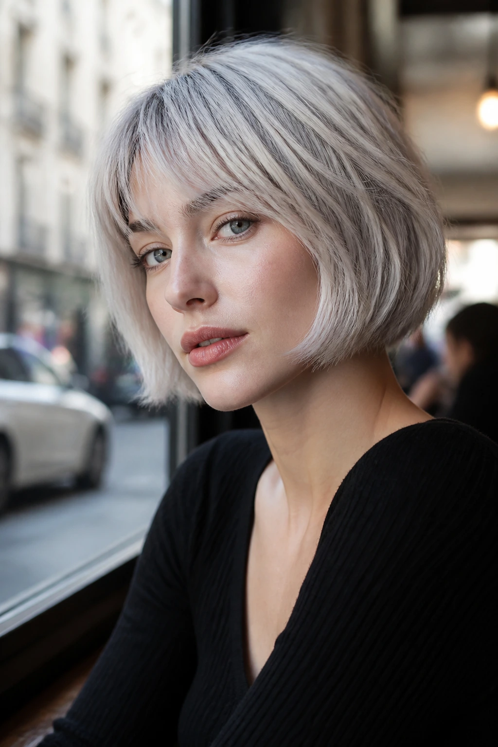 Real person with a French bob in platinum silver under daylight at a cafe