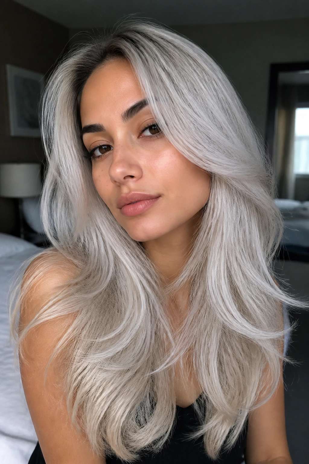 Close-up of a real woman with long platinum silver layered hair and olive skin in soft window light