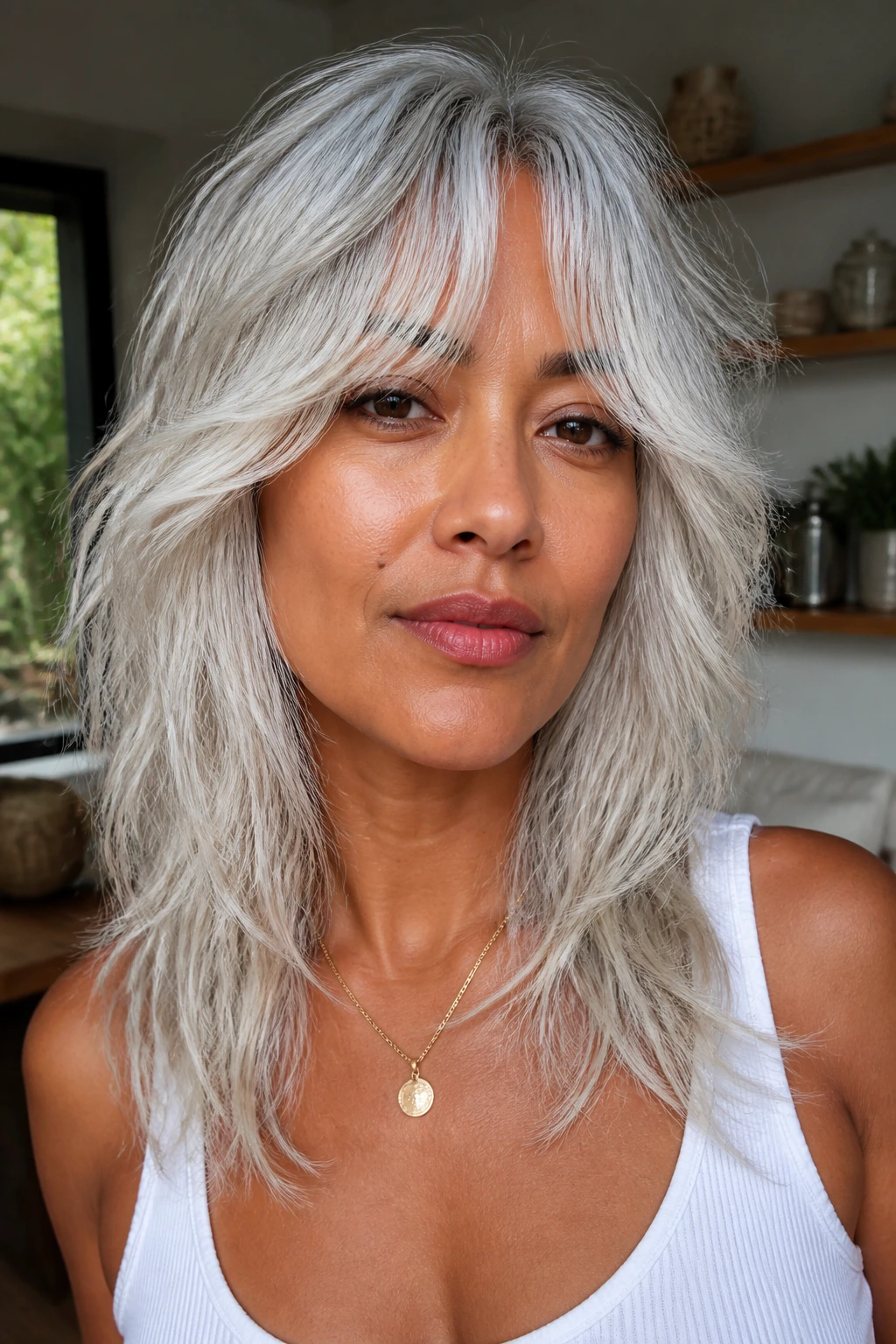 Portrait of a real person with platinum-silver shag and curtain bangs.