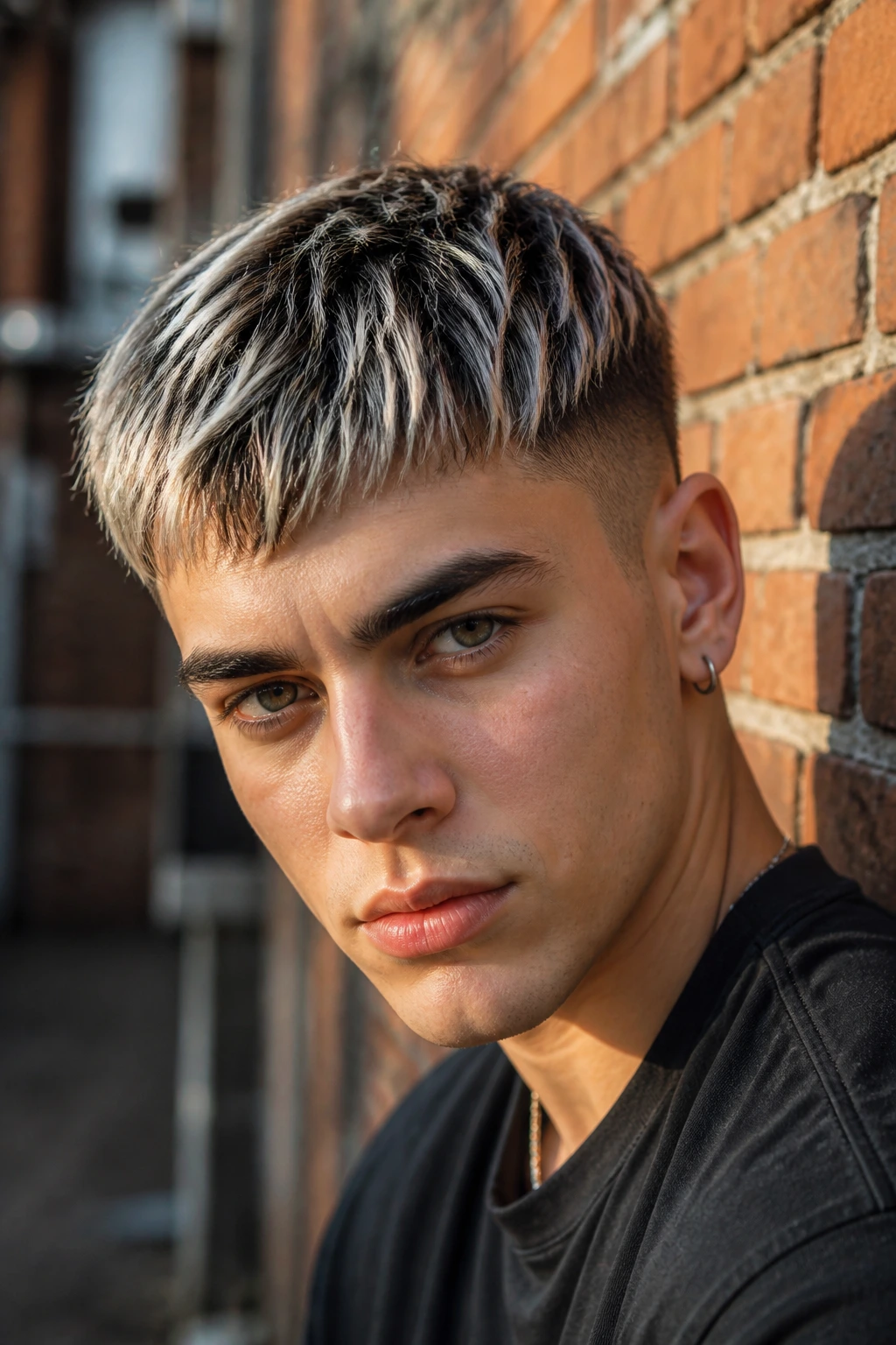 Close-up of a man with a textured crop and platinum slices outdoors near a brick wall