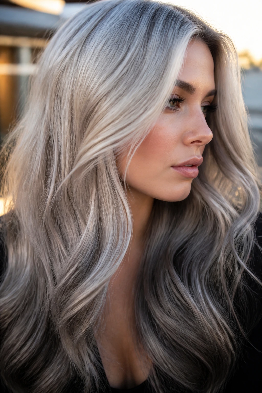 Close-up of a real person with platinum-to-smoke hair gradient.