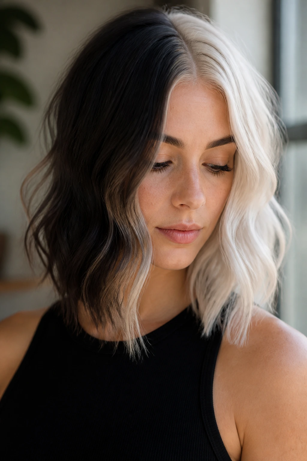 Front view of a real woman with platinum and dark halves on a wavy lob