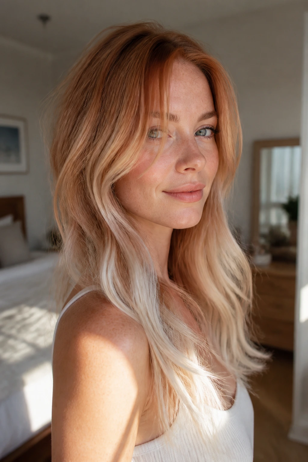 Close-up of a real woman's platinum-tipped strawberry blonde hair with warm roots and cool platinum ends