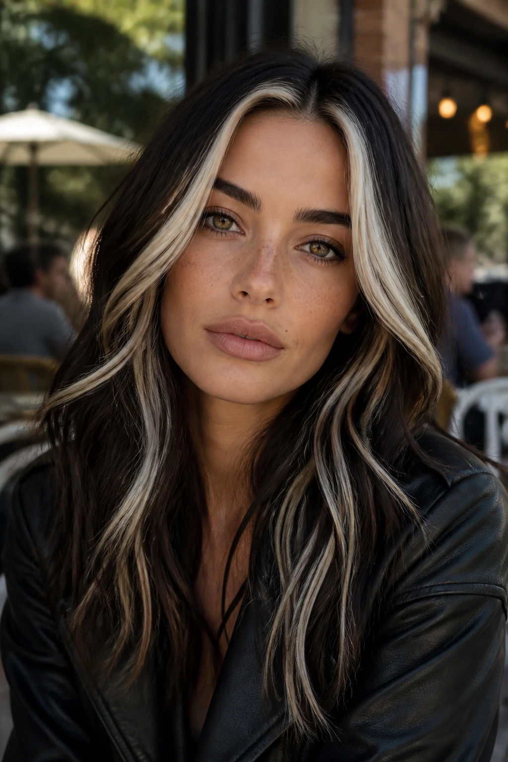 Dark brunette with bold platinum streaks framing the face in a close-up