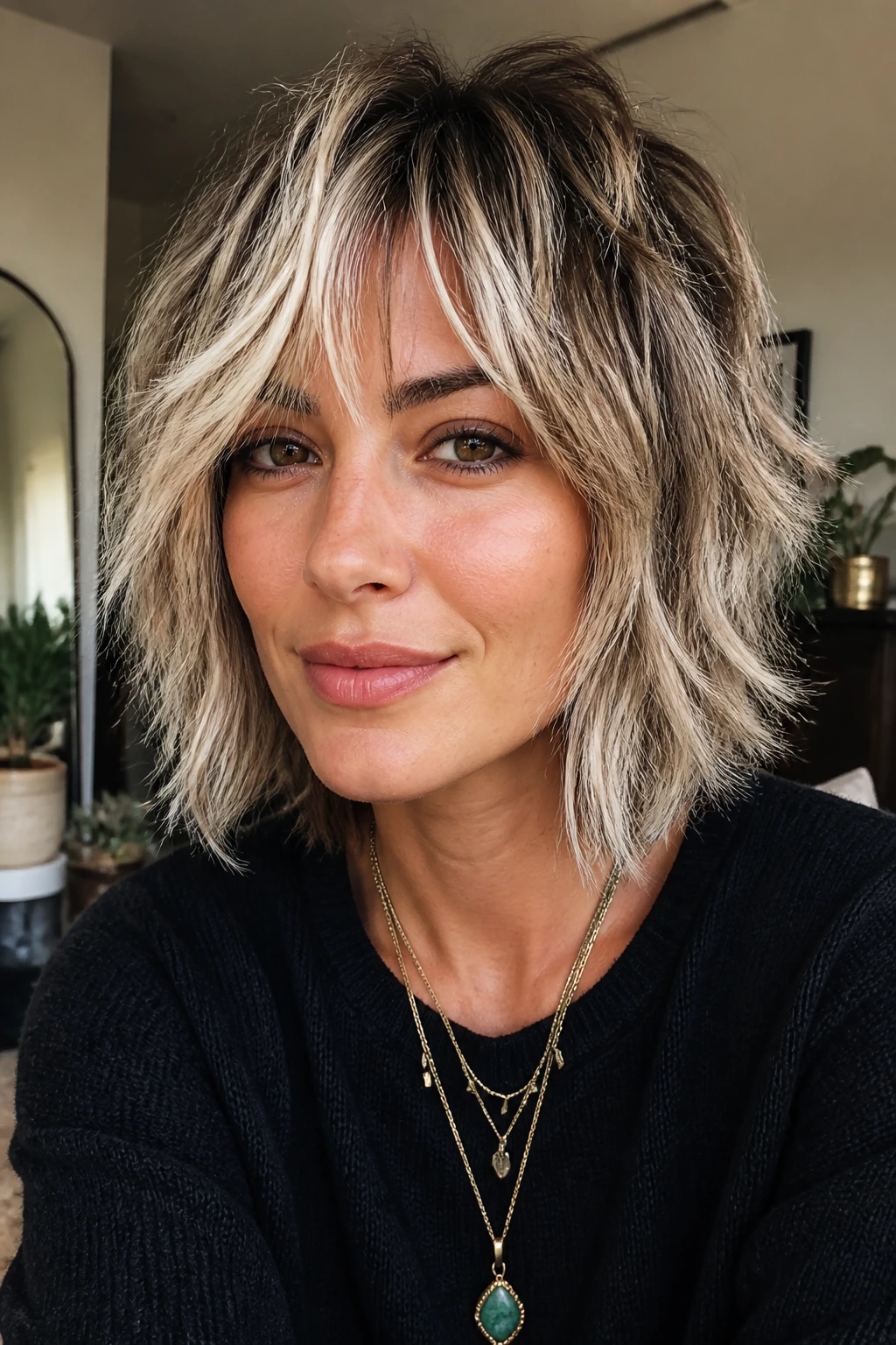 Portrait of a real person with platinum streaks in a shag haircut.