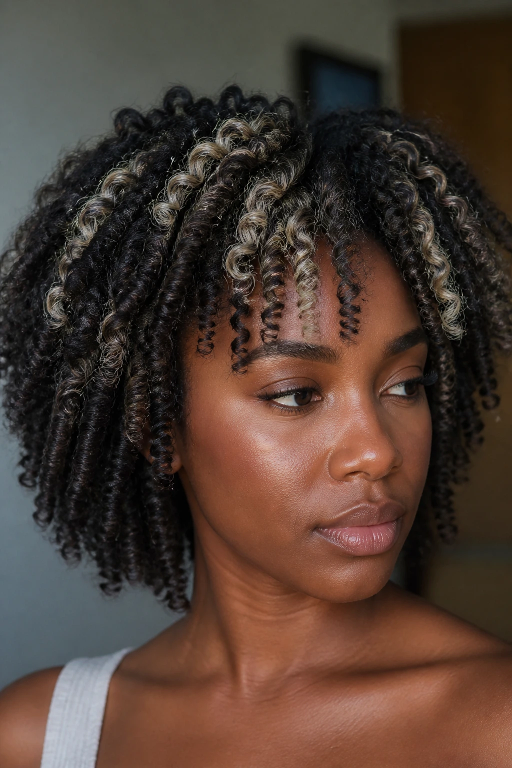 Close-up of a real woman with platinum streaks in a twist-out