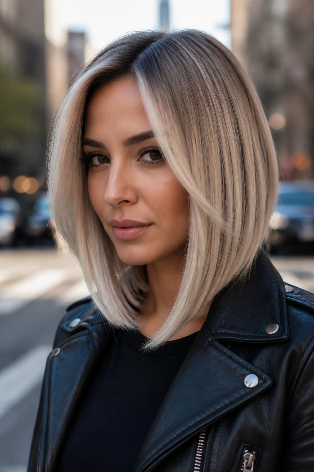 Portrait of a real woman with cool platinum tapered lob and face framing.