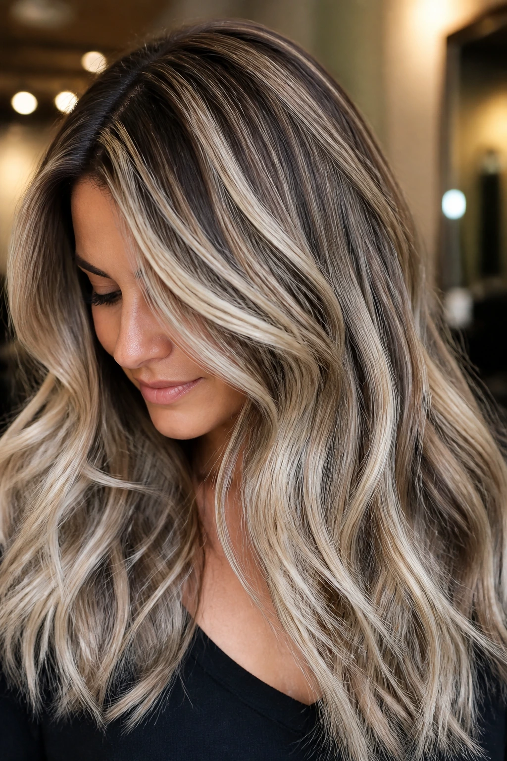 Portrait of brunette with platinum teasylights showing depth in salon lighting
