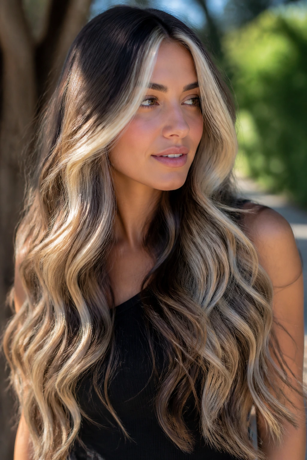 Woman showing dual texture platinum and brunette hair