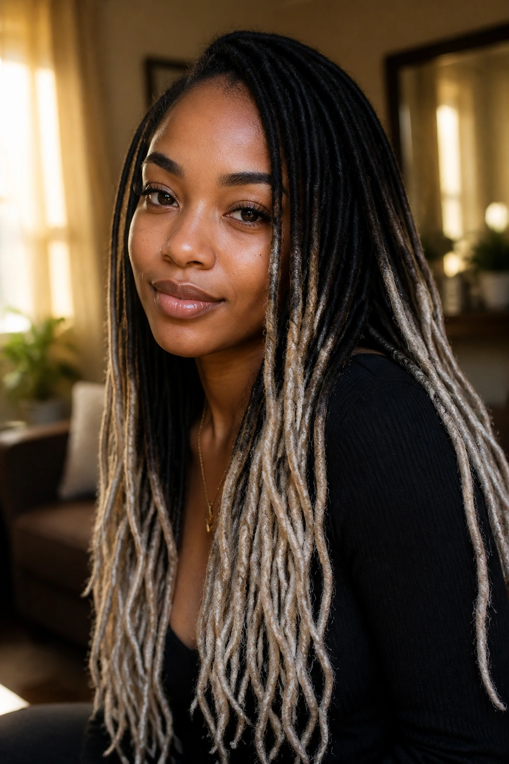 Close-up of a real woman with long locs and platinum tips