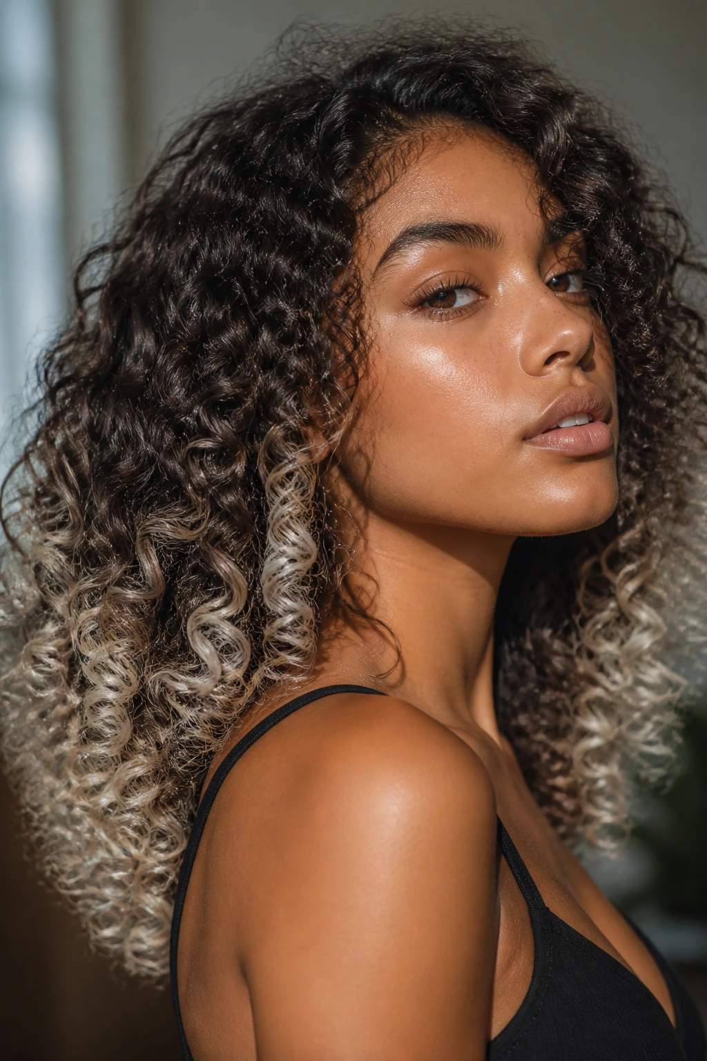 Real person with platinum-tipped curls and deep base on tan skin in side lighting