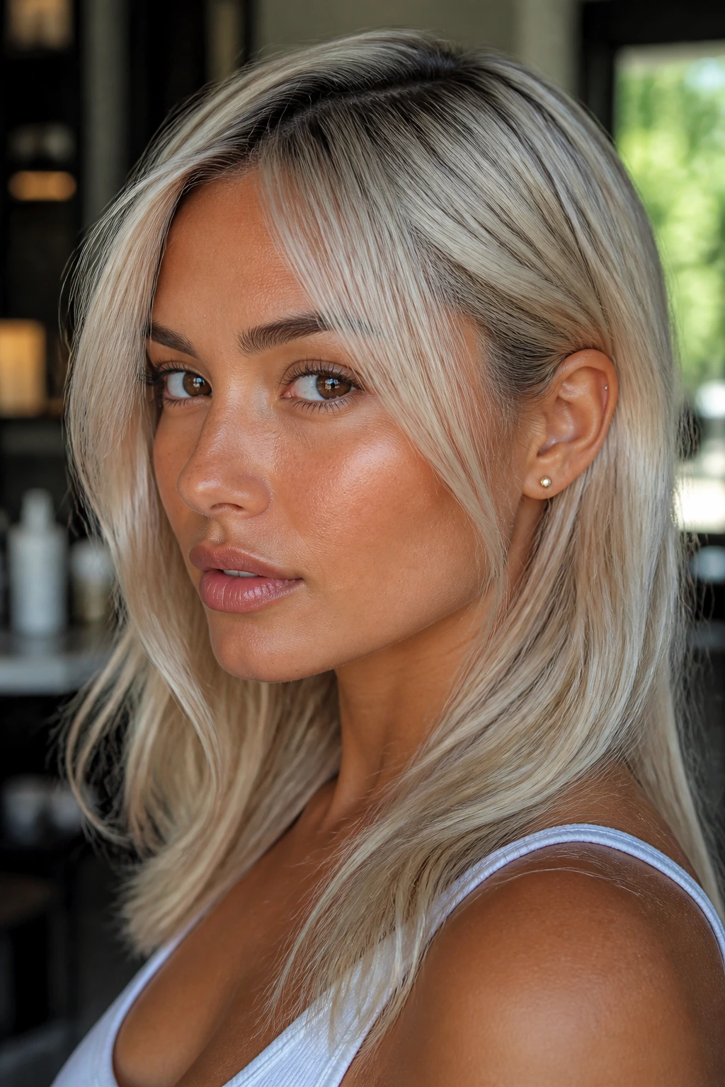 Close-up of platinum blonde hair with root shadow and lowlights on tan skin in warm light.
