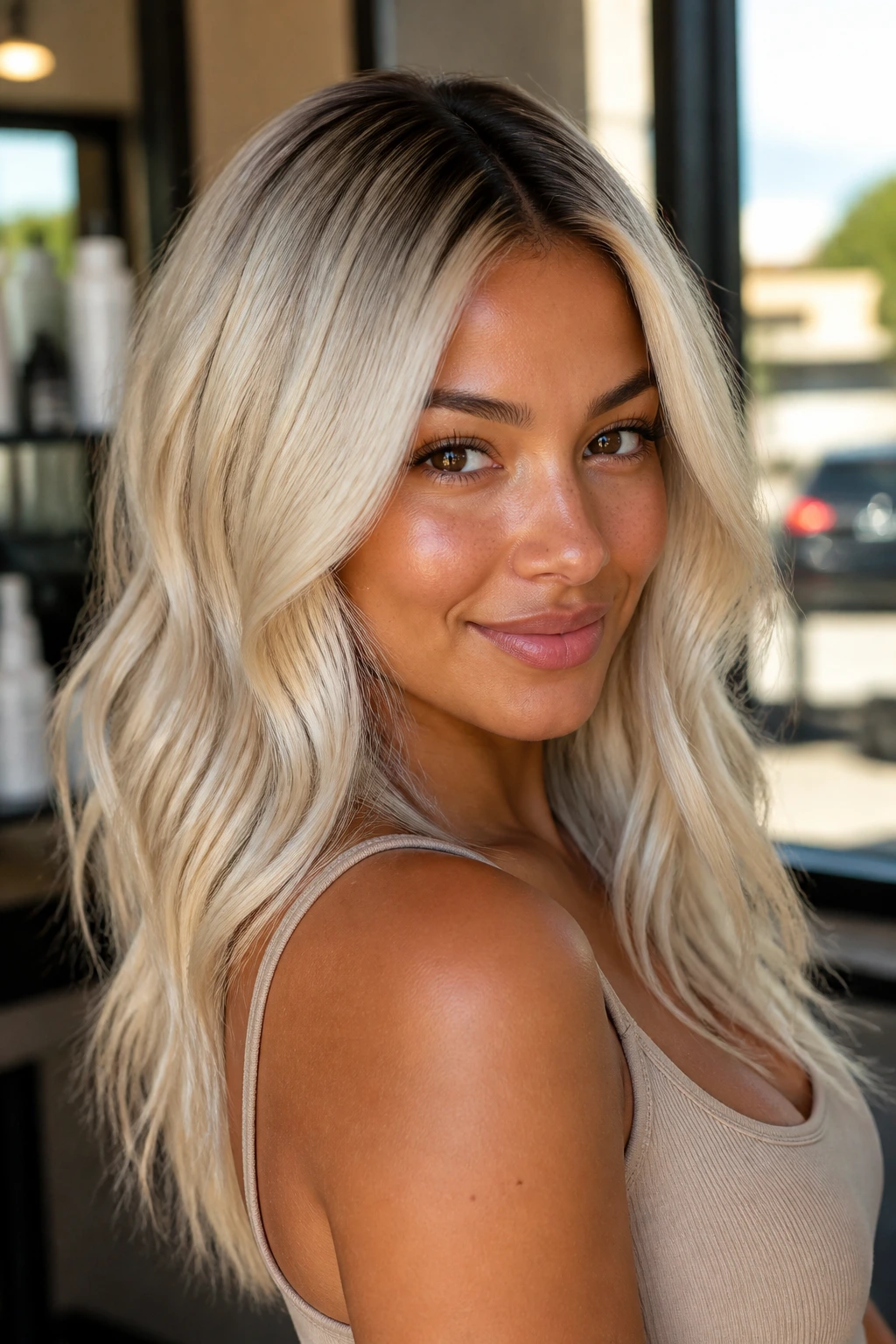 Close-up of tan-skinned person with warm-beige platinum hair and root shadow