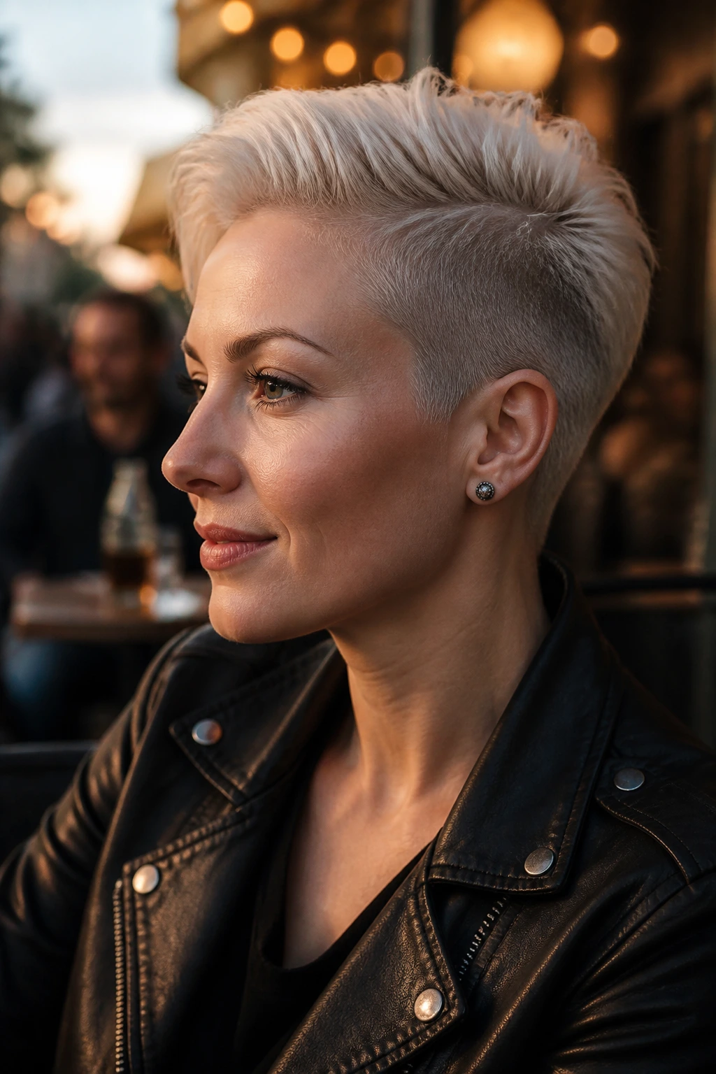 Close-up portrait of a real woman with a platinum undercut pixie, plush top and shaved sides.