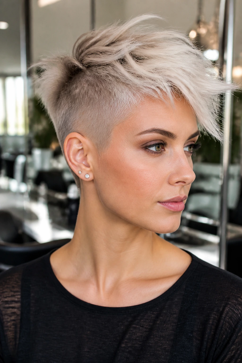 Close-up of a real person with platinum undercut crop and fuller top