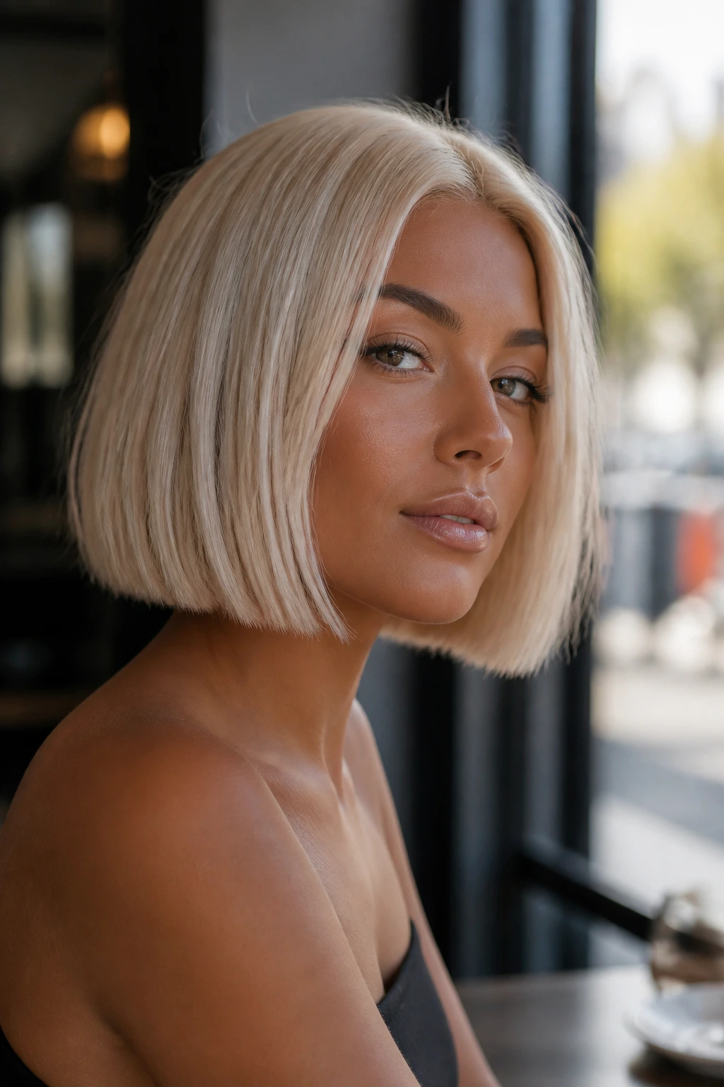 Portrait of a woman with champagne platinum bob and warm undertones.