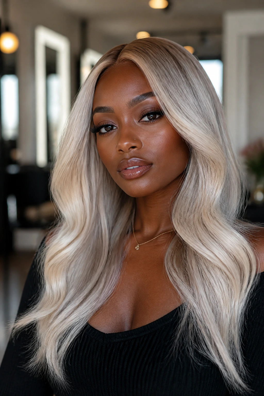 Deep skin model with platinum undertones in hair gradient