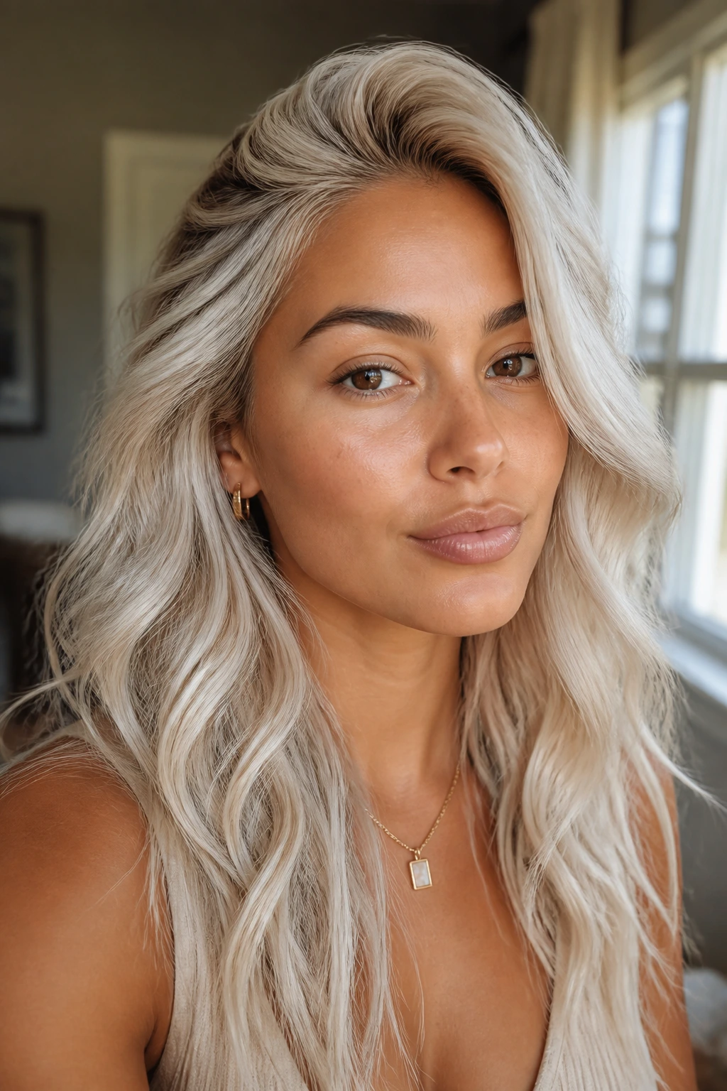Close-up of tan-skinned person with nuanced platinum tones
