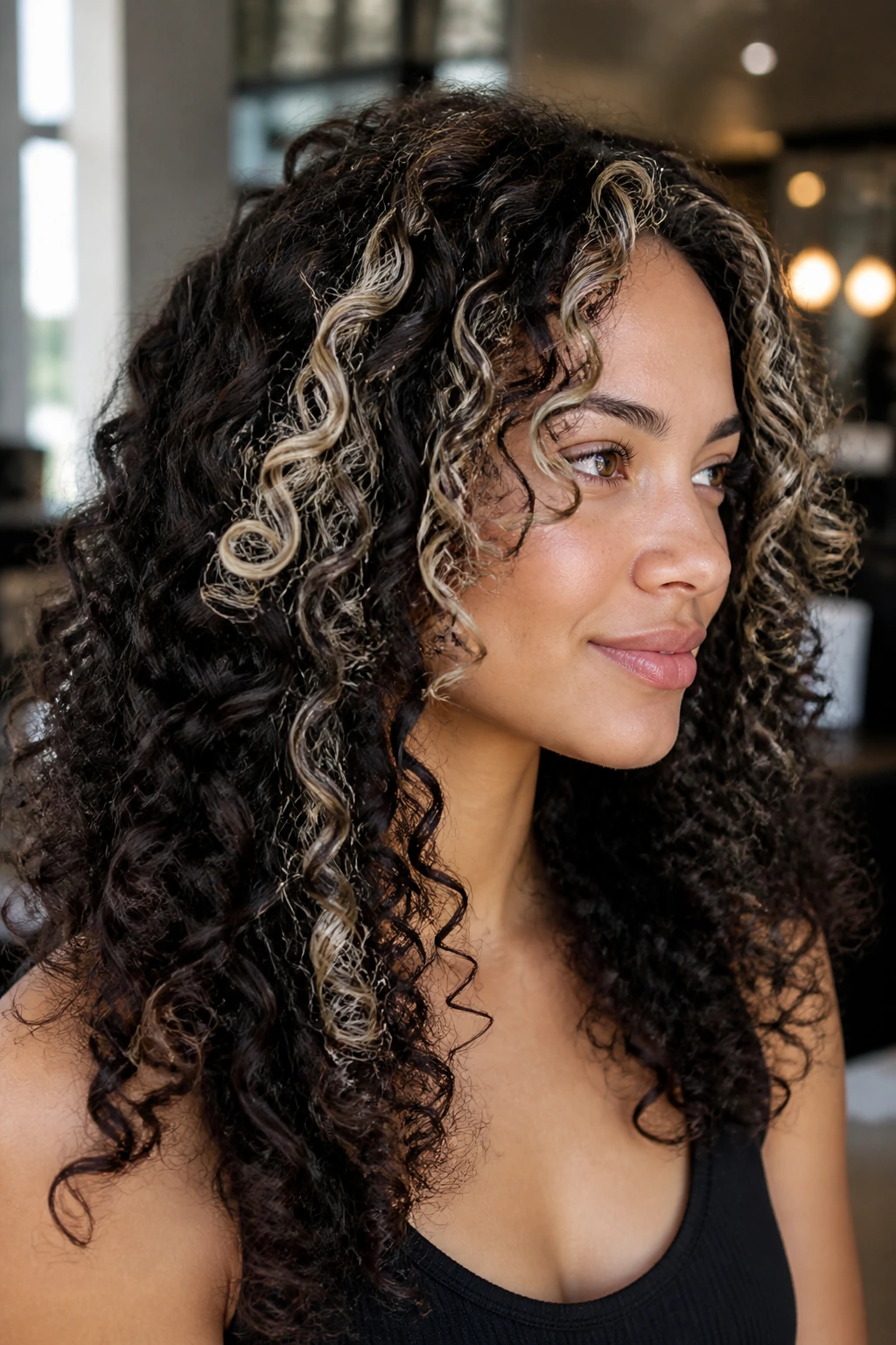Close-up portrait of a real woman with dark curls and platinum veil accents.