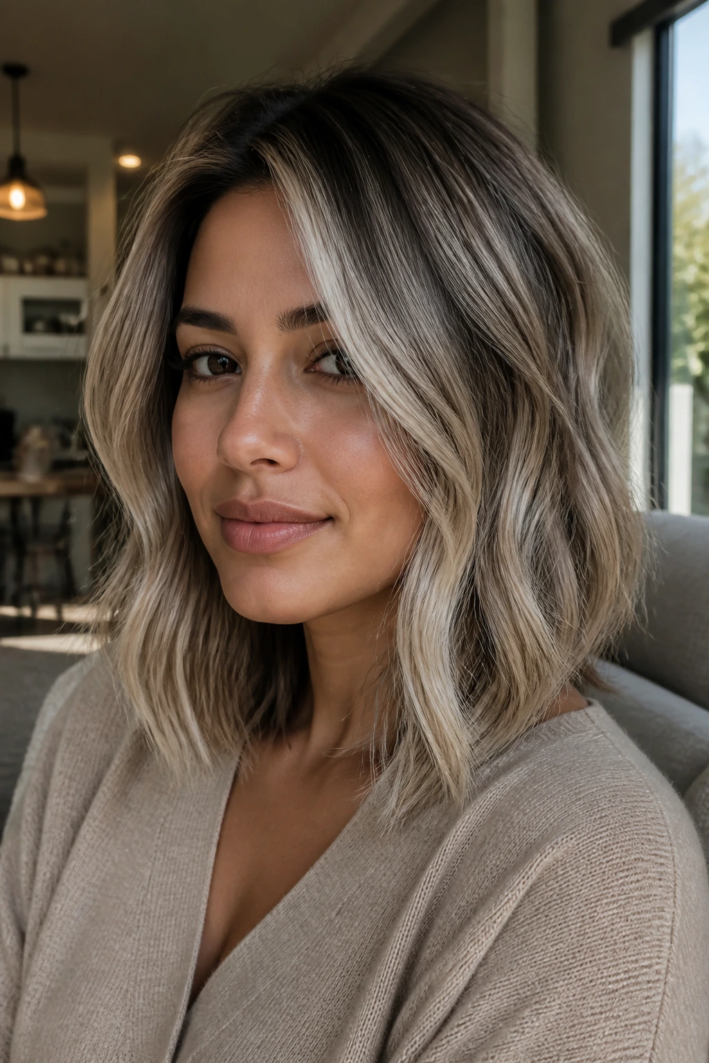 Close-up of a real woman with platinum veil balayage and ash-beige tones.
