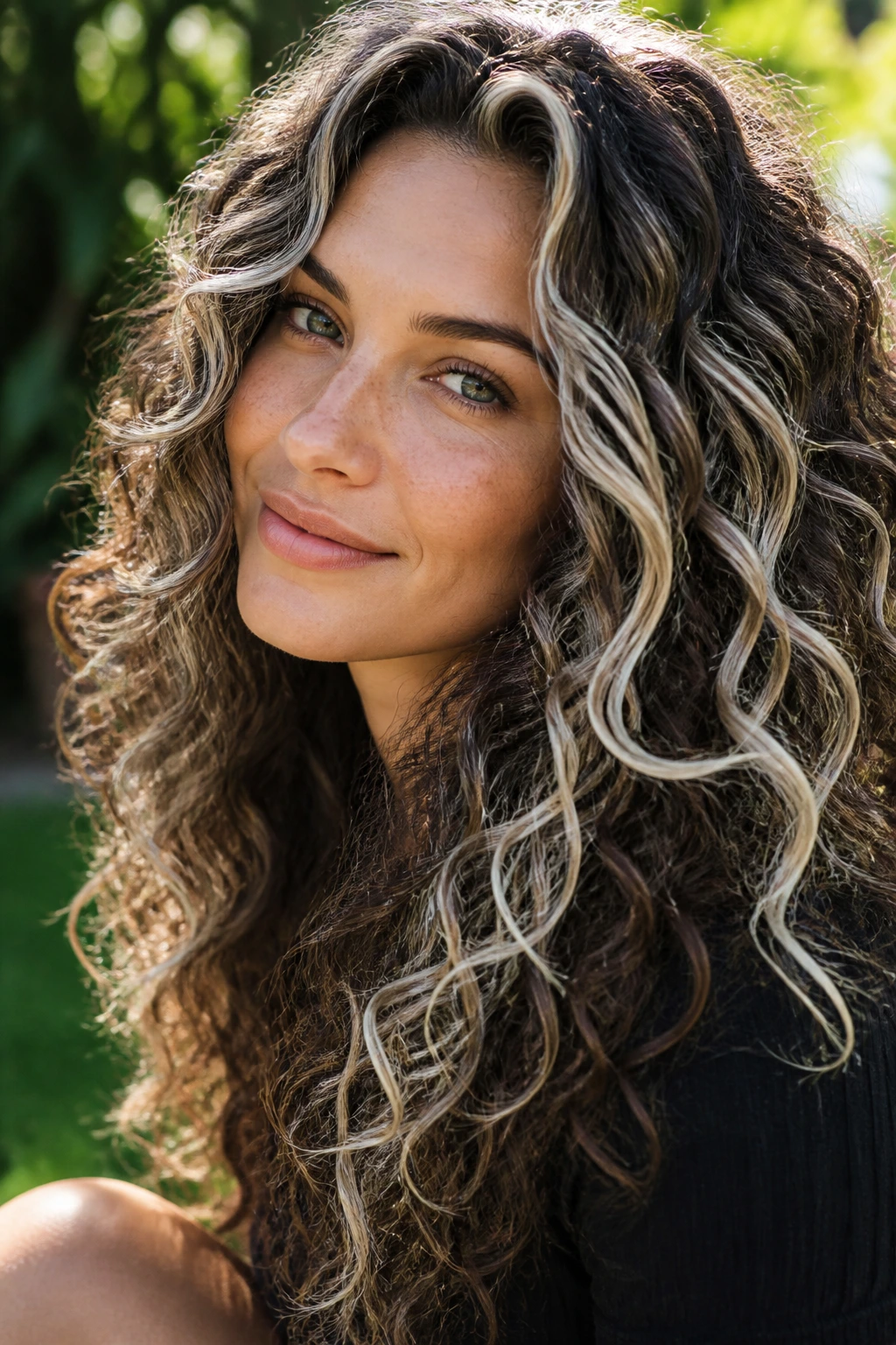 Close-up of a real woman with curly brunette hair and platinum veil pieces along the curls