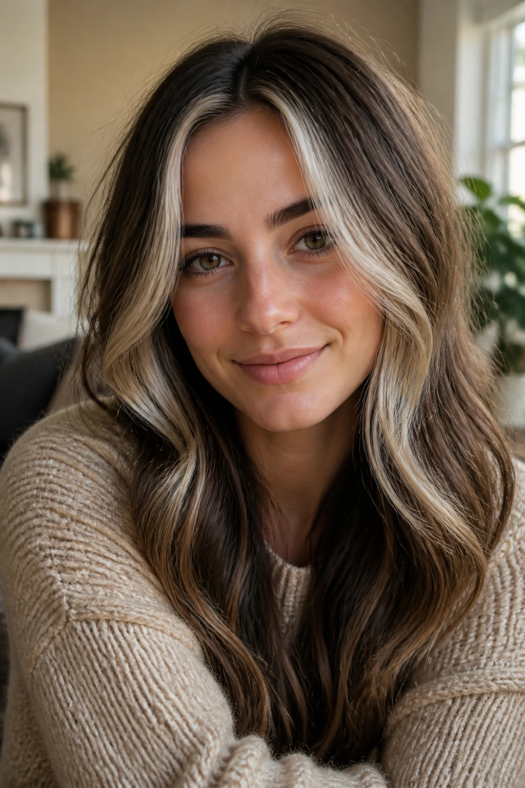 Close-up of brunette woman with platinum veil highlights framing the face
