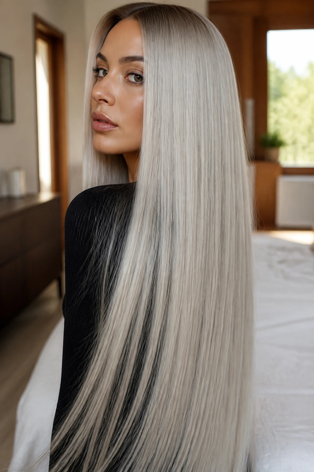 Waist-length platinum hair flowing straight on olive-skinned person