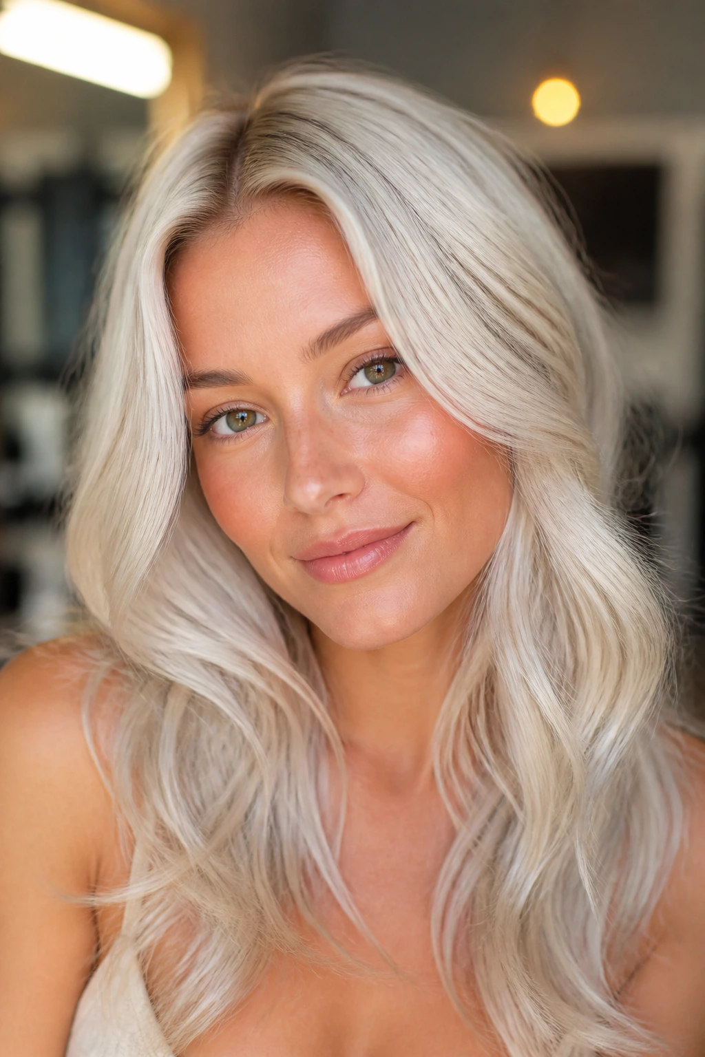 Close-up portrait of platinum hair on warm peach skin with soft waves