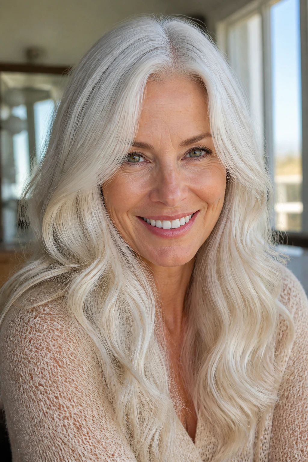 Close-up of an older woman with platinum blonde soft waves in natural light.