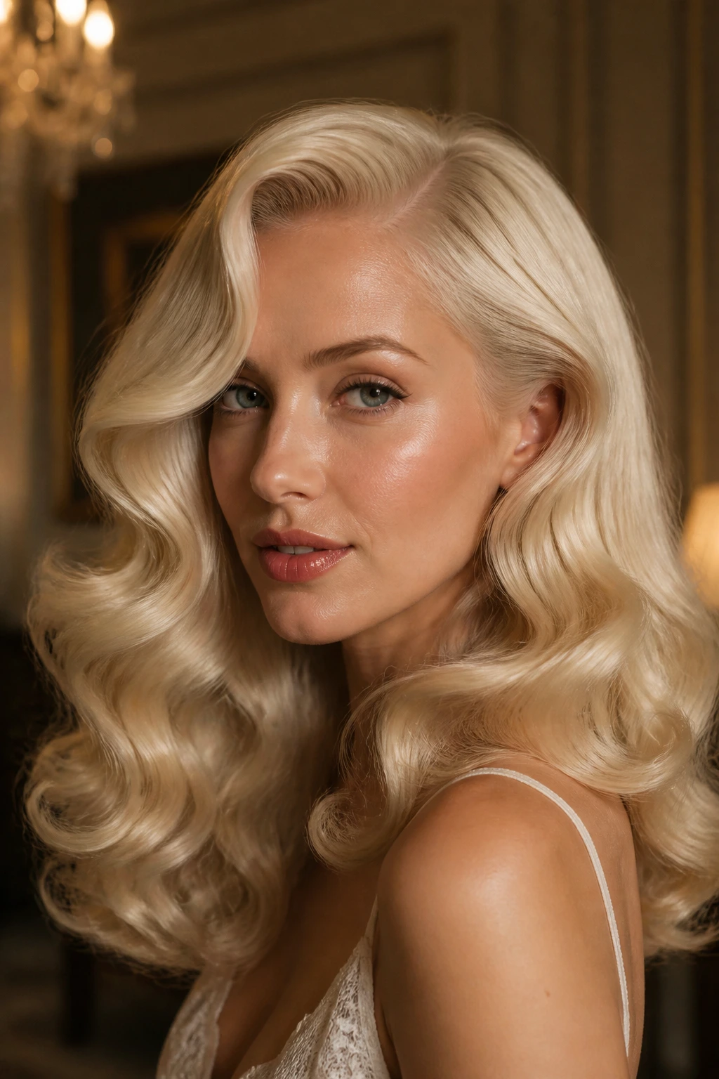 Woman with platinum soft Hollywood waves