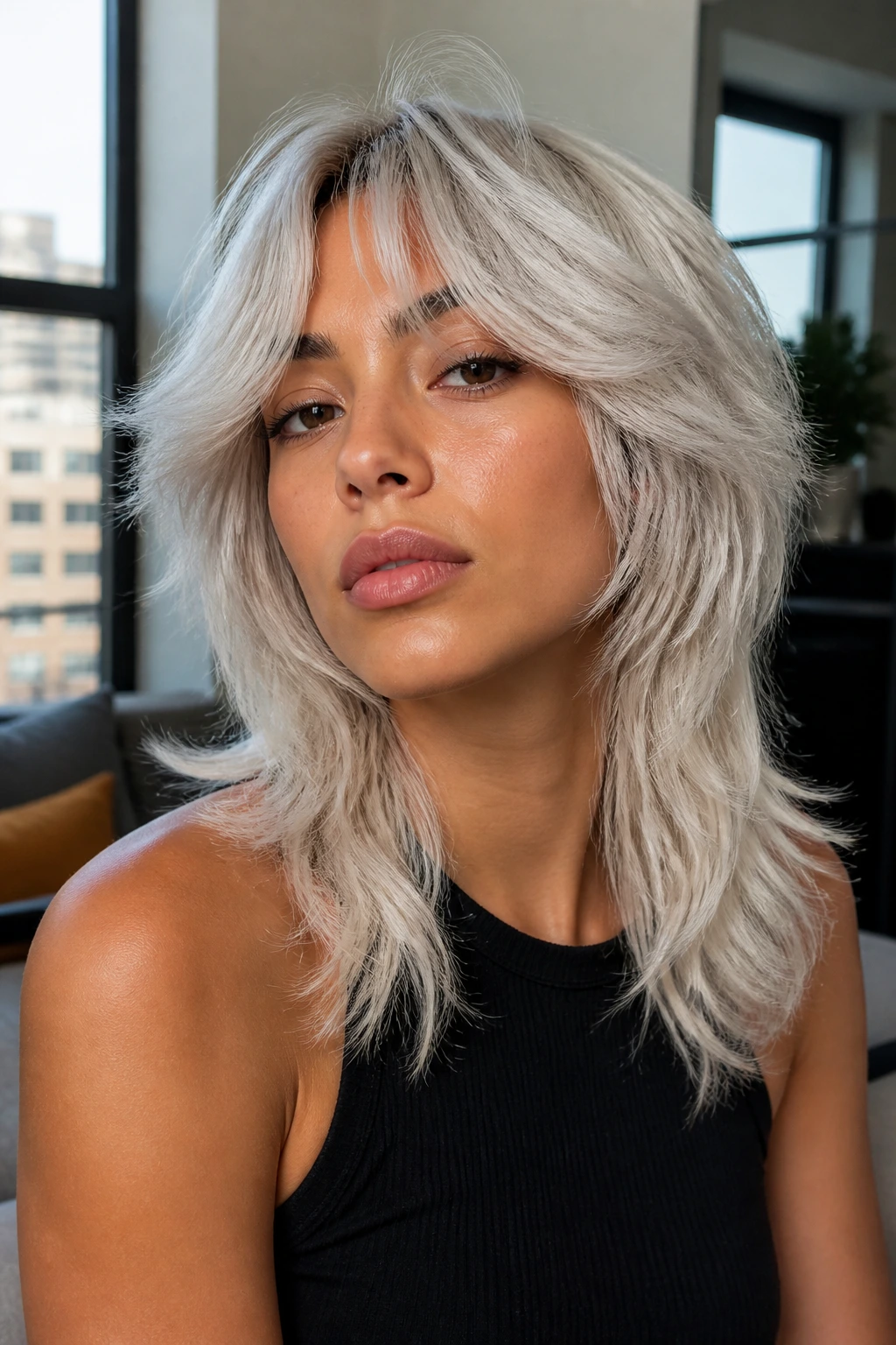 Portrait of olive-skinned person with platinum wolf cut and feathered ends.