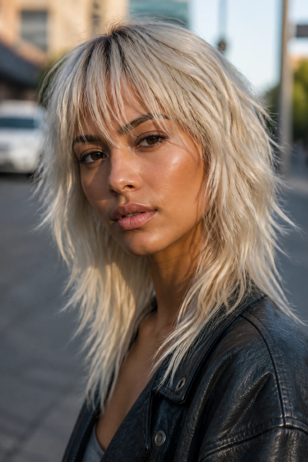 Close-up of person with wolf cut and wispy fringe in platinum blonde