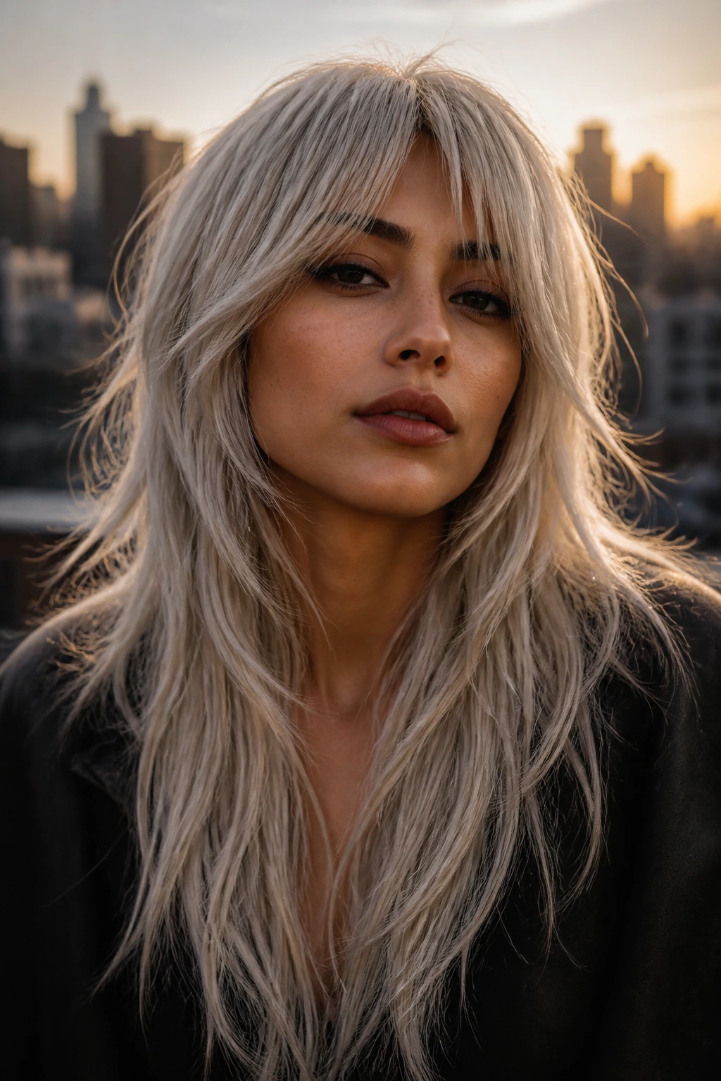 Close-up of long wolf-cut platinum hair on olive skin