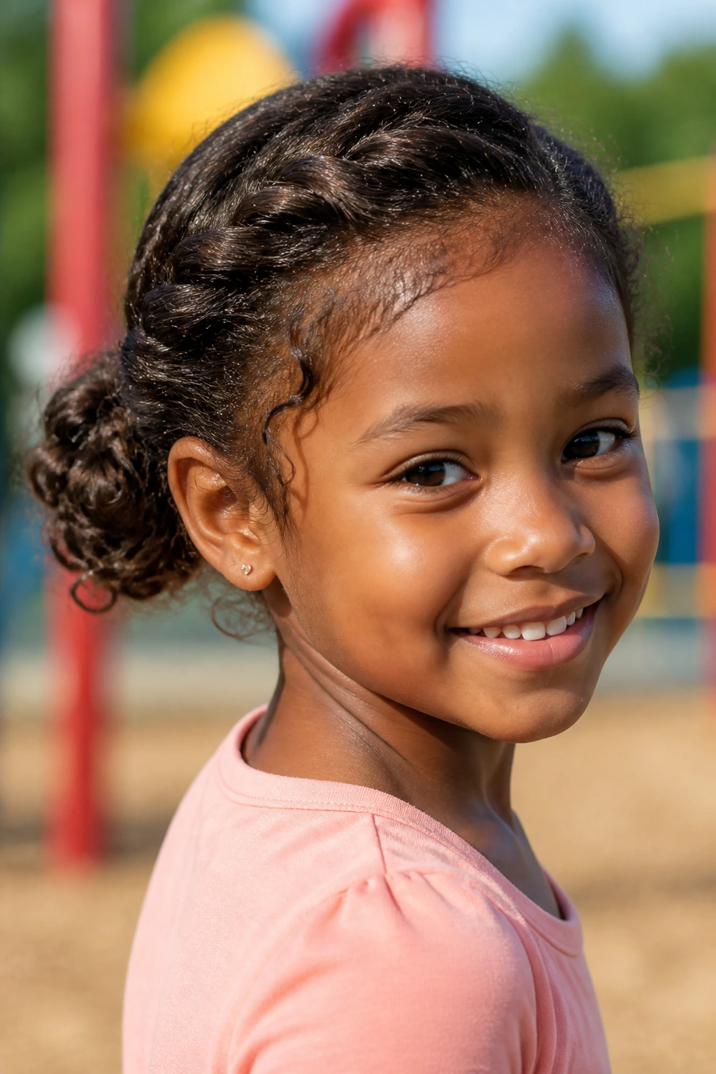 Real child with compact twist-up bun ready for play