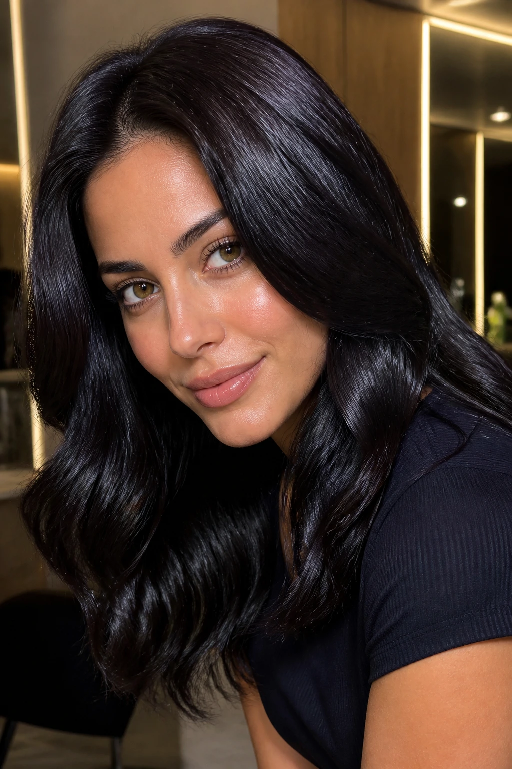 Portrait of a real person with glossy black hair and plum-black sheen on olive skin