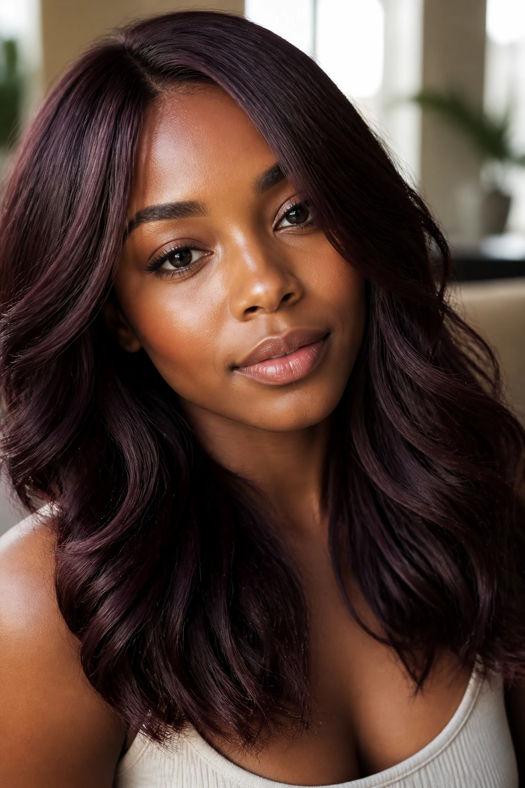 Close-up portrait of plum brown hair with violet undertones on deep skin in a cozy living room