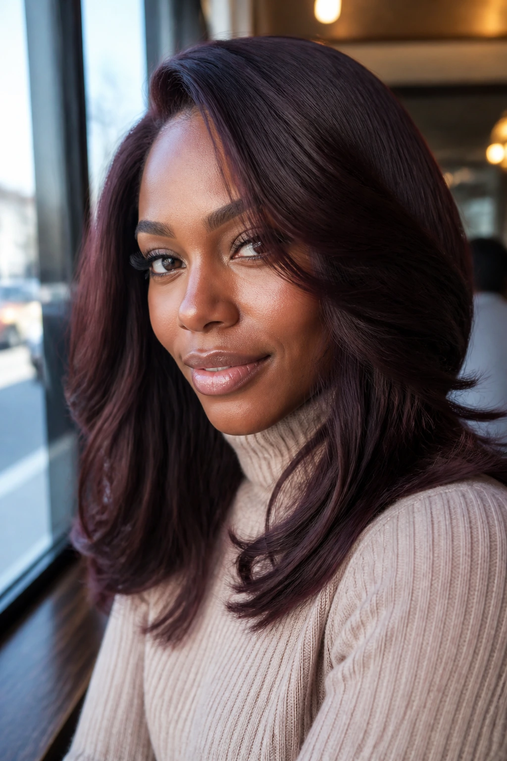 Close-up portrait of plum brown hair on a real person in daylight at a cafe