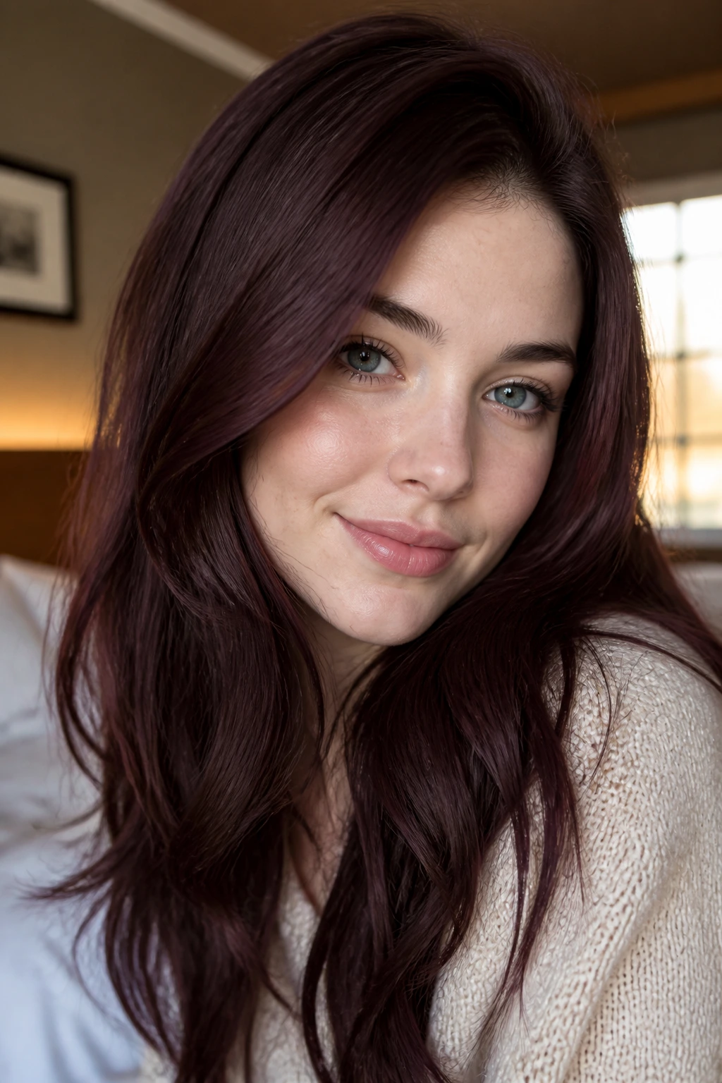 Close-up portrait of a real woman with fair skin showing plum-brown hair in mid-lengths on a heart-shaped face