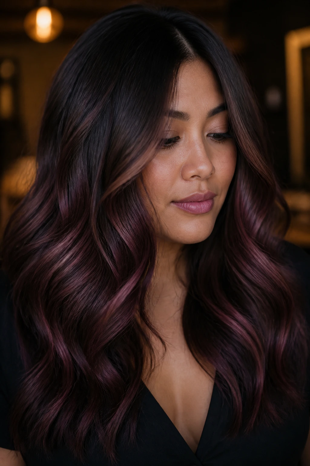 Close-up of a real woman with plum brown melt balayage