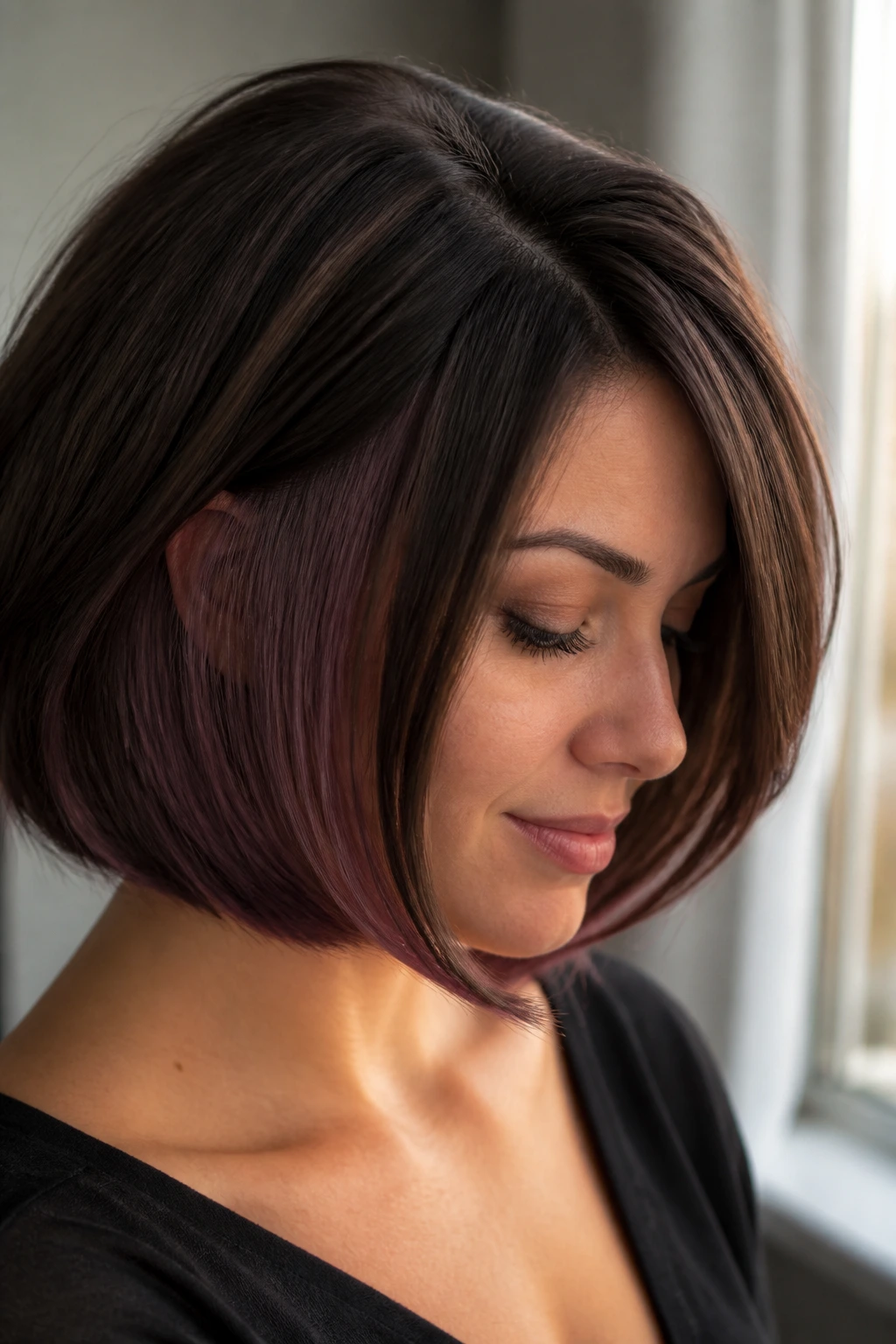Close-up of a real woman with a bob showing plum-brown undertones underlayers