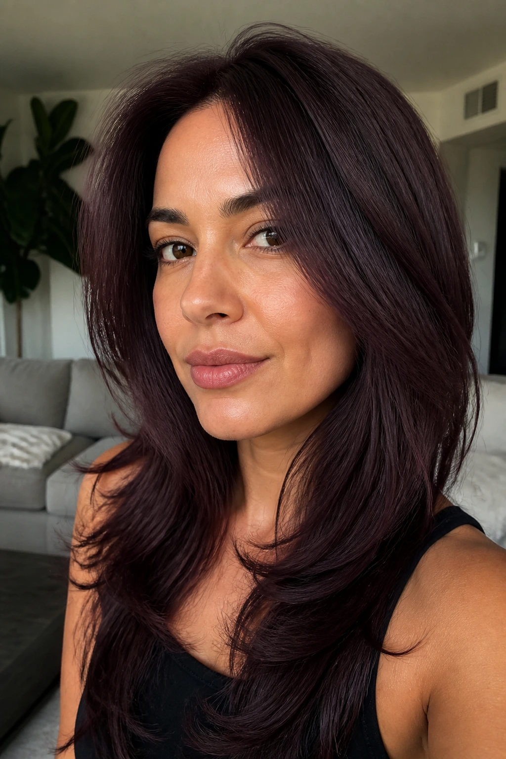 Close-up of real woman with Plum-Brown Veil hair and subtle wine cast