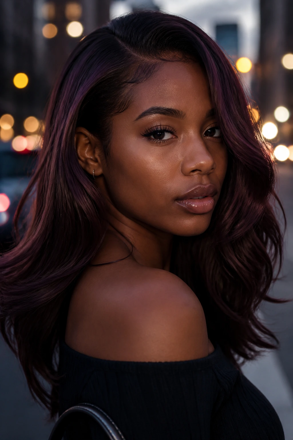 Close-up portrait of a real woman with plum brown veil hair