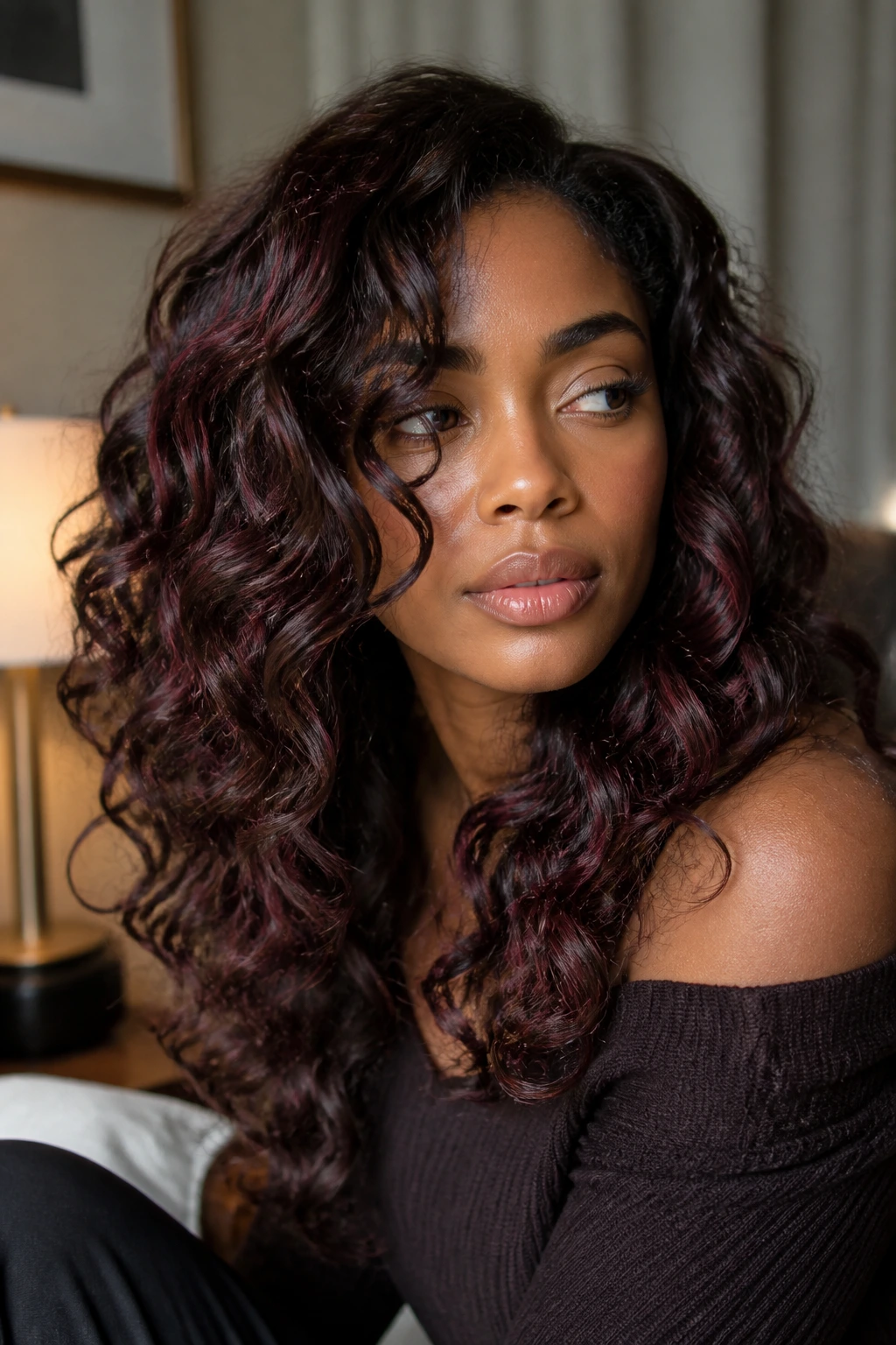 Real person wearing plum-brown veil with wine-purple flashes in curls